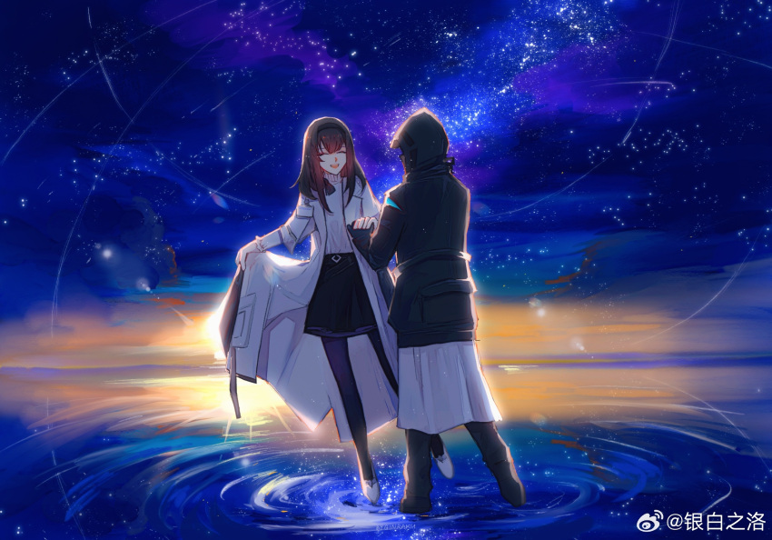 1girl 1other arknights black_hair black_hairband black_jacket black_skirt closed_eyes coat doctor_(arknights) full_body hairband highres holding_hands hood hooded_jacket jacket night night_sky open_mouth priestess_(arknights) skirt sky standing standing_on_liquid star_(sky) starry_sky sweater turtleneck turtleneck_sweater water white_coat yinbai_zhi_luo
