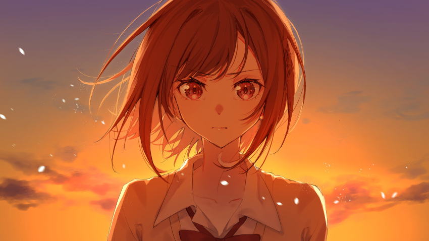 1girl absurdres bow bowtie brown_eyes brown_hair cardigan closed_mouth clouds collarbone collared_shirt commentary_request highres kamiyama_high_school_uniform_(project_sekai) light_frown light_particles looking_at_viewer parted_bangs portrait project_sekai red_bow red_bowtie school_uniform serious shinonome_ena shirt short_hair solo sunrise swept_bangs white_shirt yellow_cardigan yuzuha_wasa