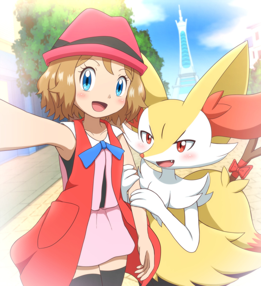 2girls animal_ear_fluff animal_ears animal_nose arm_at_side arm_hug arm_up black_thighhighs blonde_hair blue_eyes blue_sky blush body_fur bow braixen clouds collarbone commentary_request cowboy_shot day dress dutch_angle fang flat_chest fox_ears fox_girl fox_tail furry furry_female hands_up happy hat highres in-universe_location looking_at_viewer lumiose_city multiple_girls neck_fur open_mouth outdoors outstretched_arm partial_commentary pink_dress pokemon pokemon_(anime) pokemon_(creature) pokemon_xy_(anime) porkpie_hat red_bow red_eyes red_headwear remoa_(kuremoa3912) selfie serena_(pokemon) short_dress short_hair sidelocks sky sleeveless sleeveless_dress smile snout standing stick tail thigh-highs tree two-tone_fur white_fur yellow_fur zettai_ryouiki