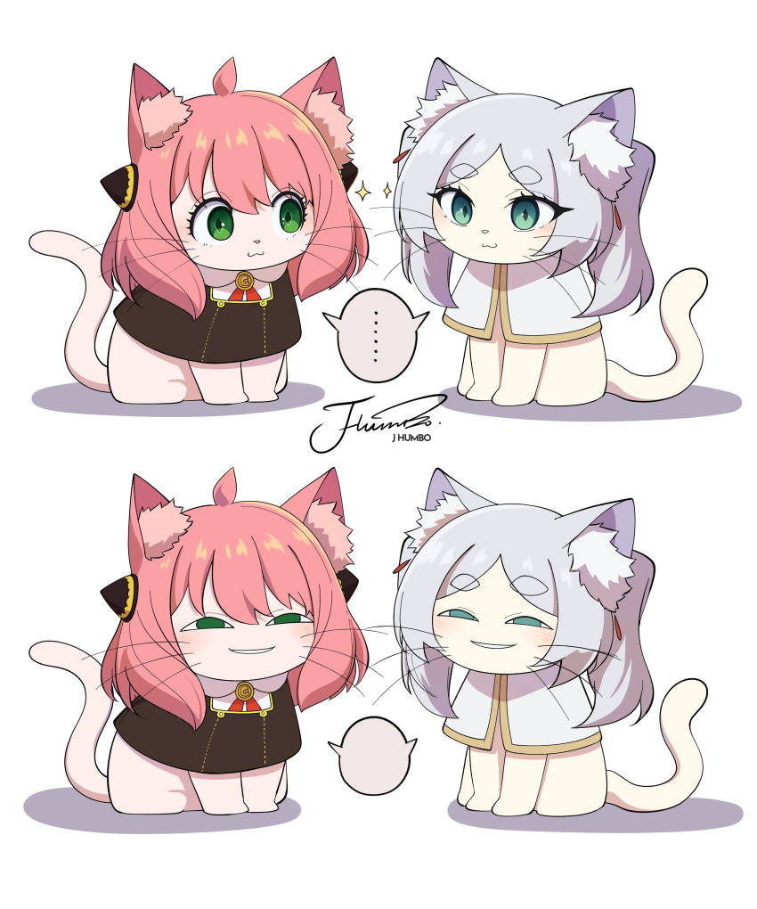 ... 2girls :3 absurdres ahoge animal_ear_fluff animalization anya's_heh_face_(meme) anya_(spy_x_family) capelet cat commentary eyelashes frieren gold_trim green_eyes grey_hair highres j_humbo meme multiple_girls pink_hair shared_speech_bubble signature simple_background sousou_no_frieren sparkle speech_bubble spoken_ellipsis spy_x_family tail voice_actor_connection whiskers white_background white_capelet
