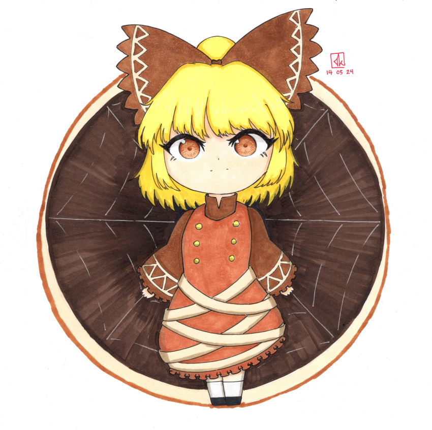 1girl absurdres blonde_hair bow brown_dress brown_eyes chibi closed_mouth commentary commission dated dress english_commentary full_body hair_bow highres kurodani_yamame long_sleeves looking_at_viewer short_hair signature silk solo spider_web thatkirisame touhou