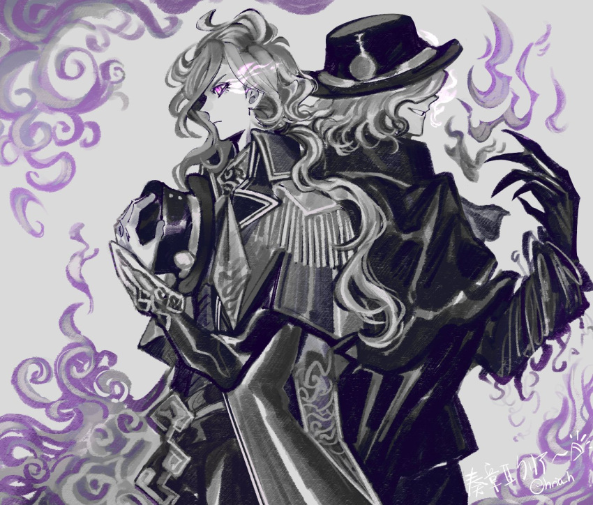 2boys artist_name back-to-back cloak coat commentary_request cowboy_shot dual_persona edmond_dantes_(fate) epaulettes fate/grand_order fate_(series) fedora fingernails fire flaming_eye gloves glowing glowing_eyes greyscale grin hair_over_one_eye hand_up hat highres hisagi_(joyclub) holding holding_clothes holding_hat long_hair male_focus monochrome multiple_boys neckerchief pants ponytail purple_fire sharp_fingernails short_hair sideways_mouth signature simple_background smile spot_color the_count_of_monte_cristo_(fate) translation_request twitter_username unworn_hat unworn_headwear violet_eyes wavy_hair