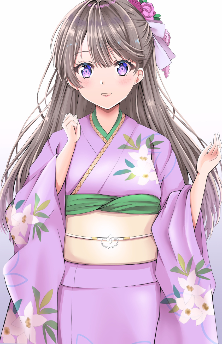 1girl :d absurdres alternate_costume blush brown_hair commentary cowboy_shot floral_print_kimono flower fujishima_megumi furisode hair_flower hair_ornament hands_up highres japanese_clothes kimono link!_like!_love_live! long_hair looking_at_viewer love_live! meimaru obi open_mouth purple_kimono sash simple_background smile solo straight-on symbol-only_commentary two_side_up violet_eyes virtual_youtuber white_background yellow_sash