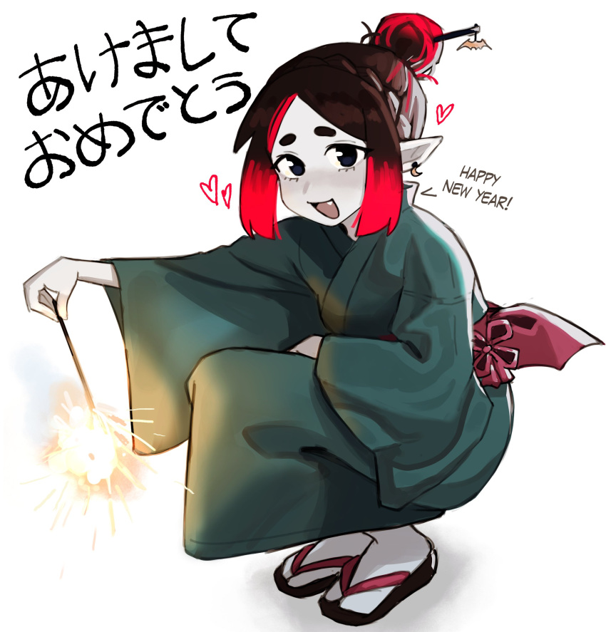1girl absurdres black_eyes black_hair colored_skin eleanor_(justadrian) english_text fang fireworks green_kimono hair_bun happy_new_year heart highres holding_fireworks japanese_clothes justadrian_(yoadriandk) kimono multicolored_hair new_year pointy_ears redhead sandals short_hair smile sparkler thick_eyebrows two-tone_hair vampire