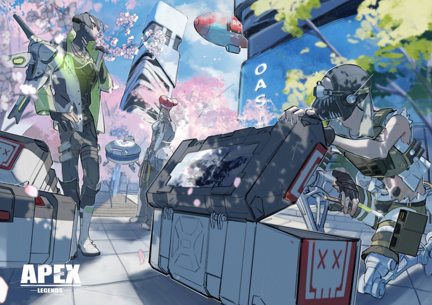 1girl 2boys aircraft apex_legends aviator_cap balisong black_gloves black_hair black_hat black_pants black_vest boots butterfly_knife_(apex_legends) cherry_blossoms copyright_name crypto_(apex_legends) d.o.c._health_drone death_box_(apex_legends) dirigible double_bun gloves goggles hack_(apex_legends) hair_bun highres in-universe_location jewelry knife lifeline_(apex_legends) looking_up mask mouth_mask multiple_boys necklace non-humanoid_robot octane_(apex_legends) olympus_(apex_legends) open_hand pants partially_fingerless_gloves redhead robot tree vest watashida white_footwear