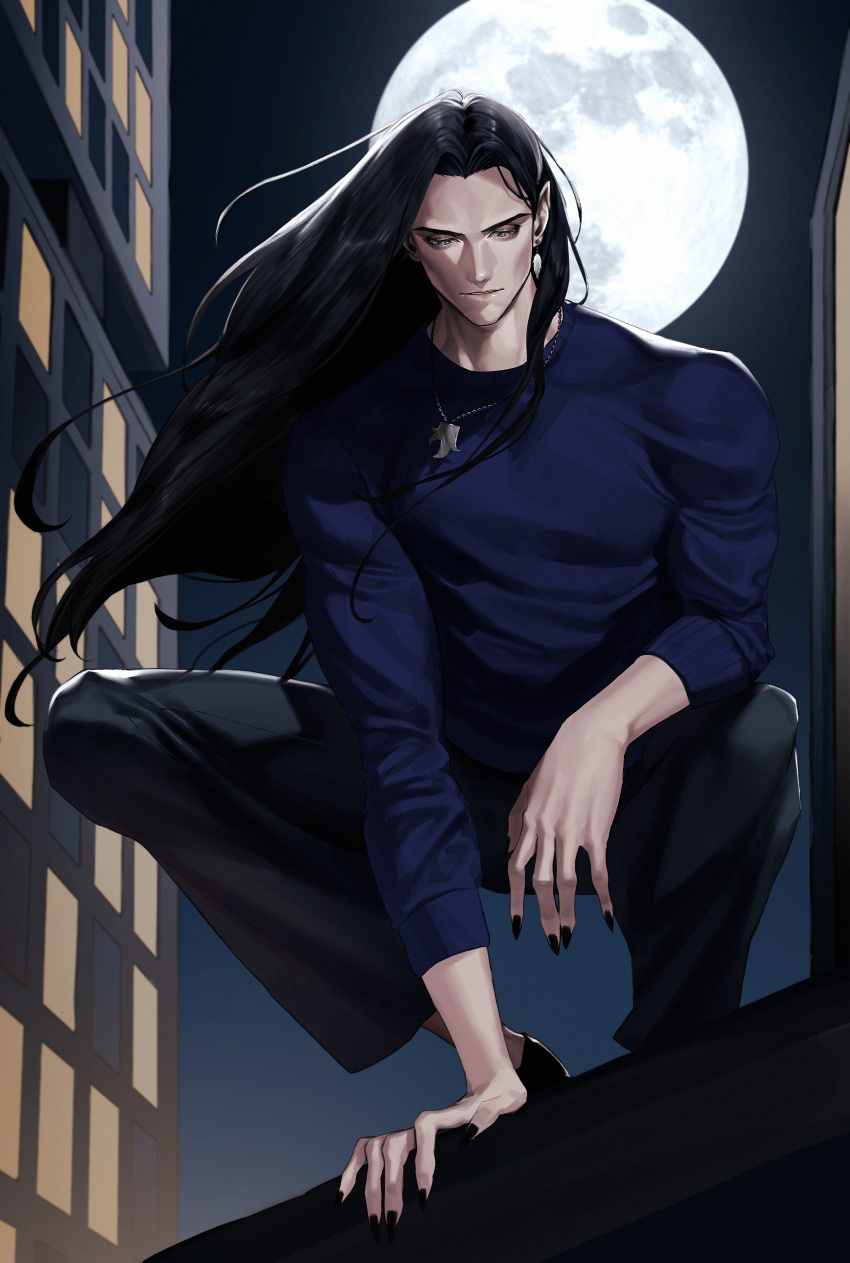 1boy absurdres black_hair black_nails blue_shirt building chain commission earrings emo37337640 feather_earrings feathers grey_eyes highres jewelry long_hair male_focus moon muscular muscular_male night original pants pointy_ears shirt skeb_commission solo squatting