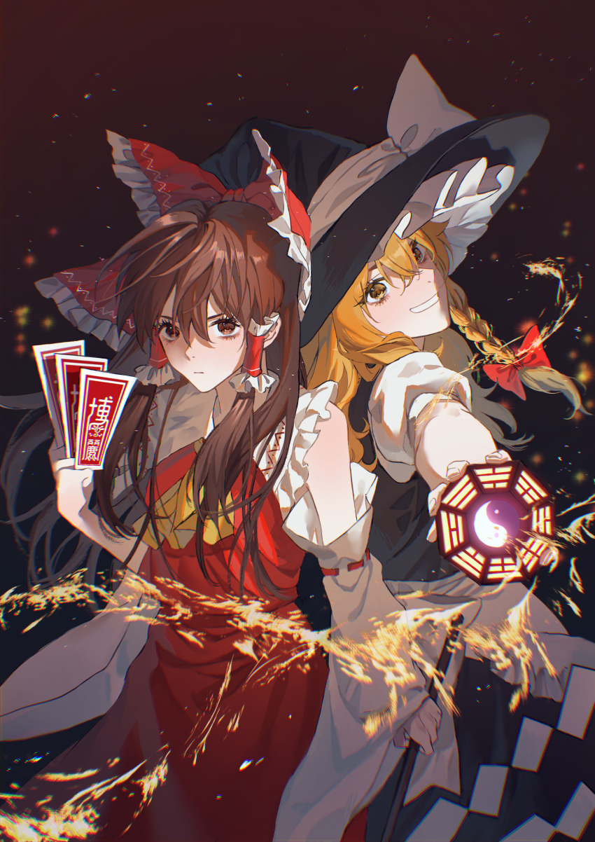 2girls aihara-rina ascot blonde_hair bow braid brown_eyes brown_hair chinese_commentary closed_mouth commentary_request detached_sleeves frilled_bow frilled_hair_tubes frills gohei hair_bow hair_tubes hakurei_reimu hat hat_bow highres holding holding_gohei kirisame_marisa long_hair mini-hakkero multiple_girls ofuda open_mouth red_bow red_skirt ribbon-trimmed_sleeves ribbon_trim short_sleeves side_braid single_braid skirt skirt_set smile touhou white_bow witch_hat yellow_ascot yellow_eyes