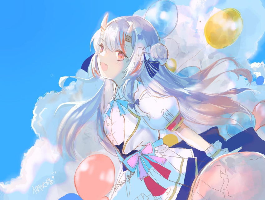 :d balloon blue_skirt blue_sky blush bow clouds commentary_request cropped_jacket day fangs grey_hair hair_bun highres hololive horns jacket long_hair lunacats multicolored_hair nakiri_ayame oni open_clothes open_jacket outdoors pink_eyes pleated_skirt puffy_short_sleeves puffy_sleeves redhead shirt short_sleeves single_side_bun skirt sky smile solo streaked_hair very_long_hair virtual_youtuber white_bow white_jacket white_shirt wrist_cuffs