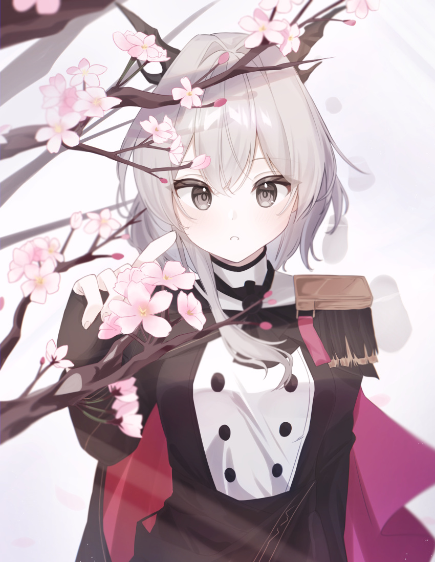 1girl :o absurdres arknights ascot black_ascot black_cape black_gloves black_jacket branch brown_horns cape cherry_blossoms cowboy_shot epaulettes eyes_visible_through_hair fingerless_gloves fingernails flower gloves grey_eyes grey_hair hair_intakes hand_up high_collar highres horns jacket long_hair long_sleeves looking_at_viewer military_jacket multicolored_cape multicolored_clothes nishimiya_aki official_alternate_costume parted_lips pink_cape pink_flower red_cape single_epaulette solo split_mouth standing talulah_(arknights) talulah_the_fighter_(arknights) white_jacket