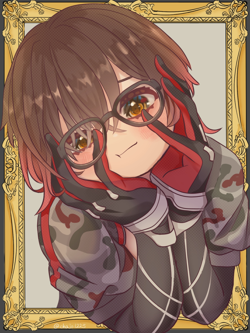 1girl black-framed_eyewear black_gloves border brown_hair chajo1225 closed_mouth eyelashes glasses gloves gradient_hair hair_between_eyes hands_on_own_face highres hololive looking_at_viewer multicolored_hair ornate_border outside_border picture_frame portrait redhead roboco-san roboco-san_(1st_costume) solo two-tone_hair upper_body virtual_youtuber yellow_eyes