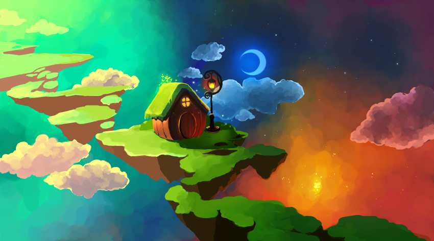 absurdres blue_sky chibionpu clouds commentary crescent_moon day door english_commentary floating_island highres house lamppost moon night no_humans original outdoors scenery sky star_(sky) starry_sky sunlight surreal twilight window