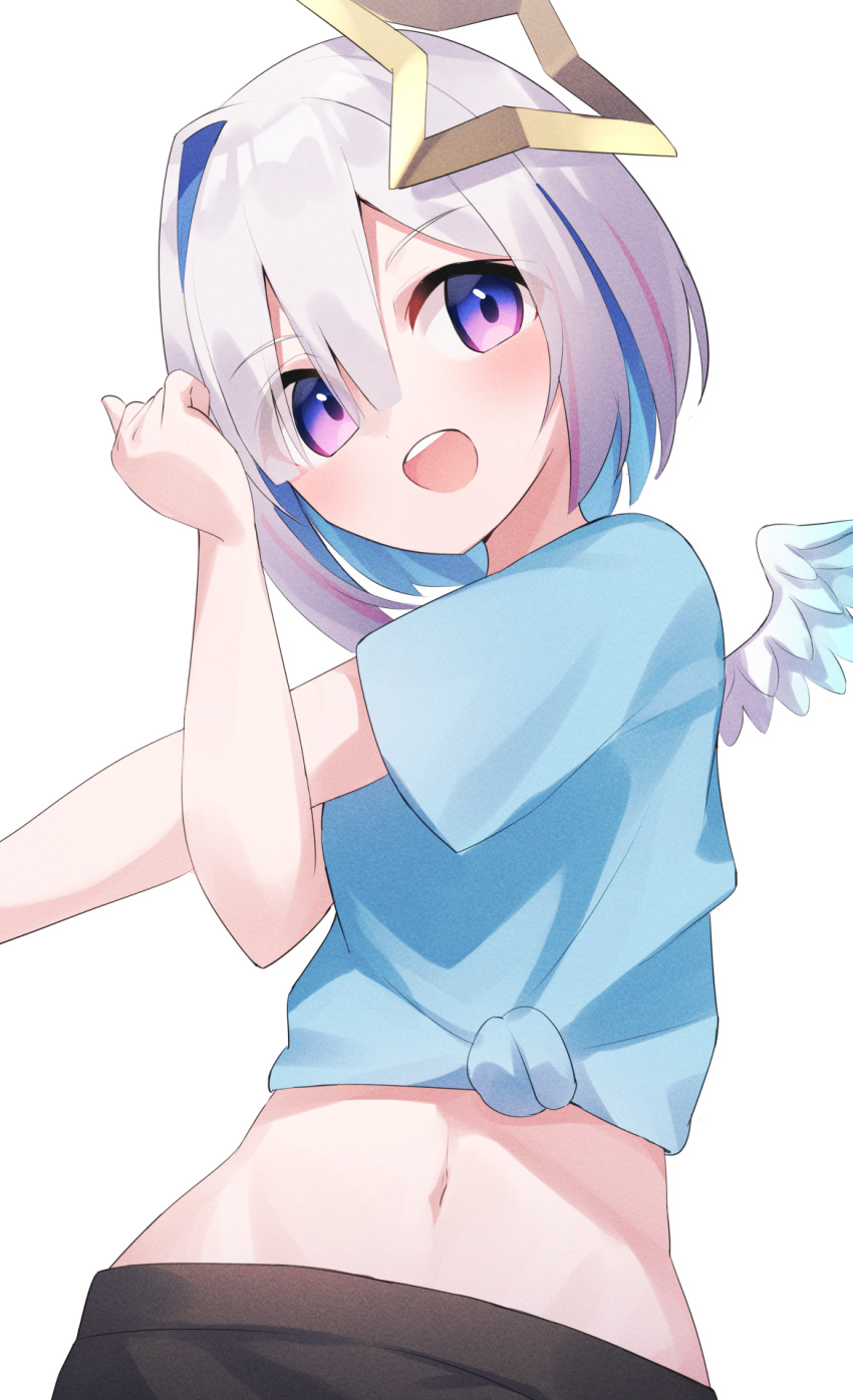 1girl amane_kanata angel angel_wings black_pants blue_hair blue_shirt blush fragir grey_hair hair_intakes halo highres hololive looking_at_viewer official_alternate_costume open_mouth pants pp_tenshi_t-shirt shirt short_hair smile solo star_halo stretching teeth tied_shirt upper_teeth_only virtual_youtuber white_background wings