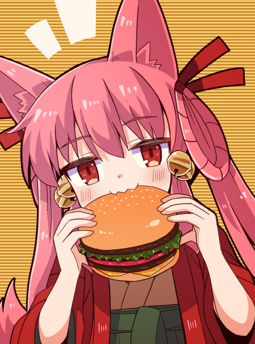 1girl animal_ears bell burger commentary_request eating food fox_ears fox_girl green_sash hair_ornament hair_ribbon hair_rings hands_up haori highres holding holding_food jacket japanese_clothes jingle_bell kimono light_blush long_hair looking_at_viewer notice_lines obi original red_eyes red_jacket red_ribbon ribbon sash solo striped_background two_side_up upper_body white_kimono yukinagi