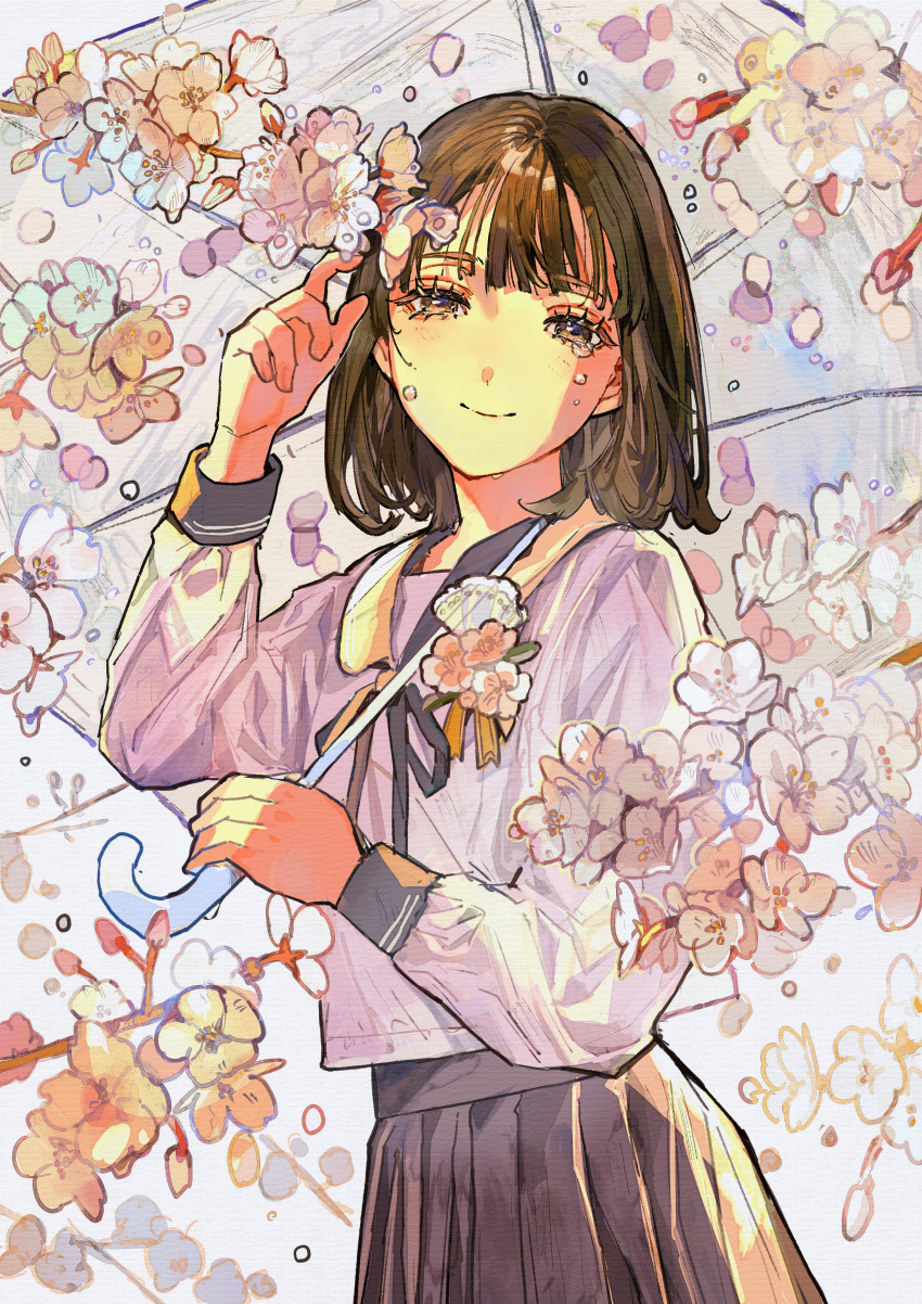 1girl absurdres black_ribbon black_sailor_collar black_skirt branch brown_eyes brown_hair buchi_(qooo003) cherry_blossoms closed_mouth commentary_request flower half-closed_eyes hand_up highres holding holding_umbrella long_sleeves looking_at_viewer neck_ribbon original pleated_skirt puffy_long_sleeves puffy_sleeves ribbon sailor_collar school_uniform serafuku shirt skirt smile solo tears transparent transparent_umbrella umbrella white_flower white_shirt