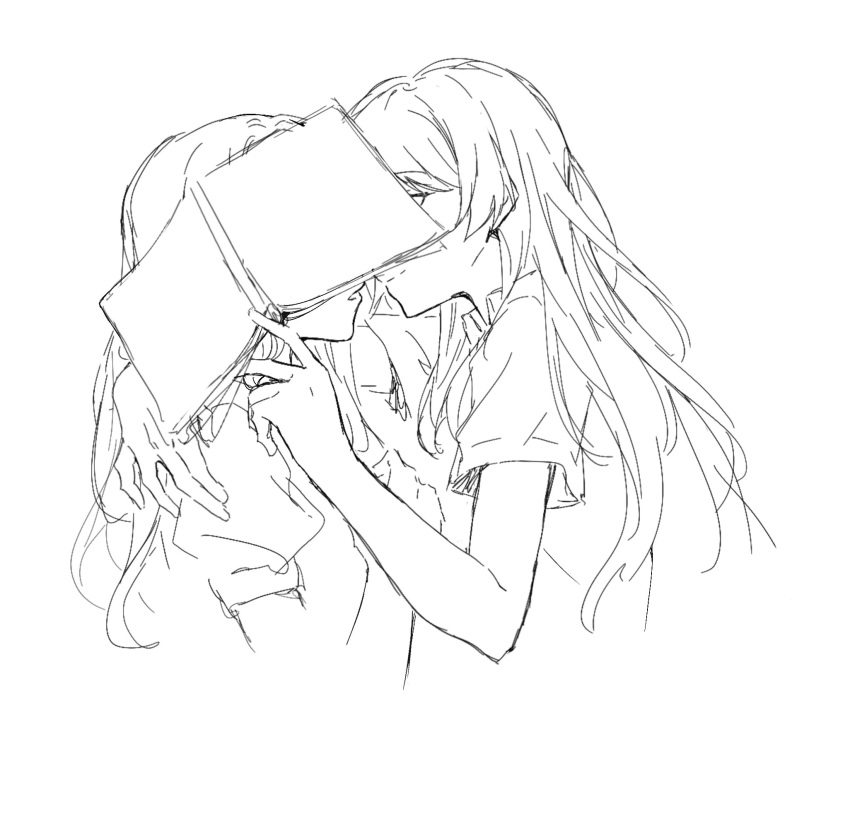 2girls bang_dream! bang_dream!_it's_mygo!!!!! book chihaya_anon closed_mouth commentary cropped_torso eye_contact greyscale hand_in_another's_hair highres holding holding_book imminent_kiss long_hair looking_at_another monochrome multiple_girls muonrei00 nagasaki_soyo parted_lips puffy_short_sleeves puffy_sleeves short_sleeves simple_background upper_body variant_set white_background yuri