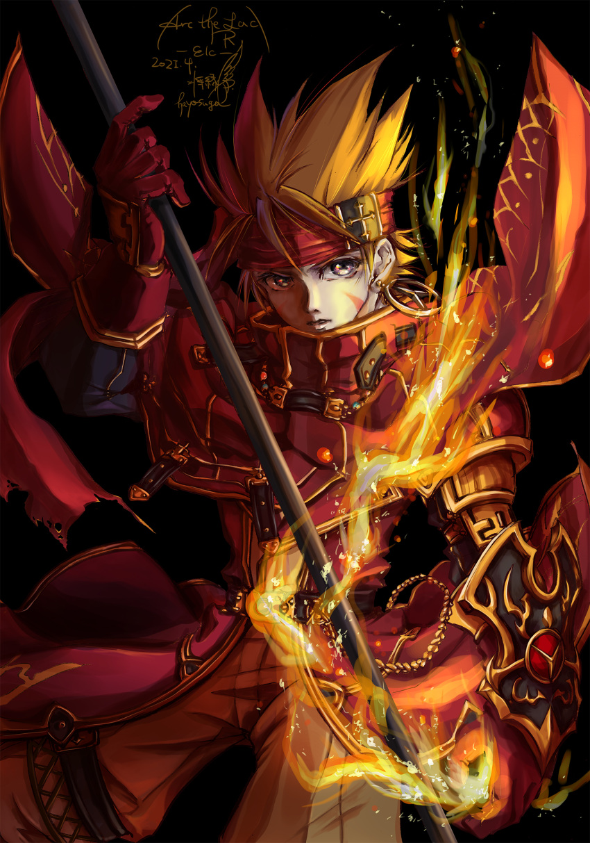 1boy arc_the_lad armor artist_name black_background blonde_hair character_name copyright_name dated earrings elc_(arc_the_lad) fire gauntlets gloves hayosuga headband highres jewelry looking_at_viewer male_focus red_armor red_gloves solo