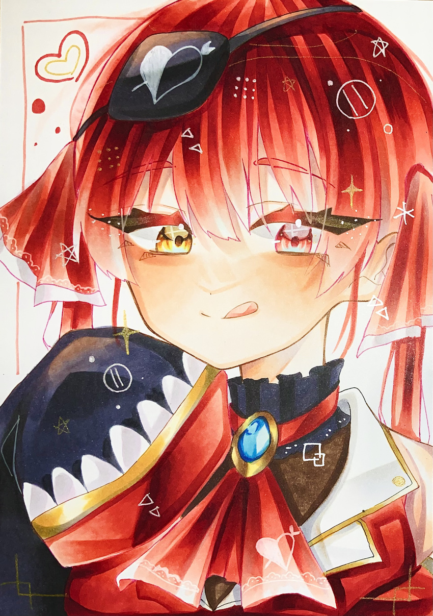 1girl absurdres akami_ao heart heterochromia highres hololive houshou_marine licking_lips looking_at_viewer portrait red_eyes redhead sleeves_past_fingers sleeves_past_wrists solo square tongue tongue_out virtual_youtuber yellow_eyes
