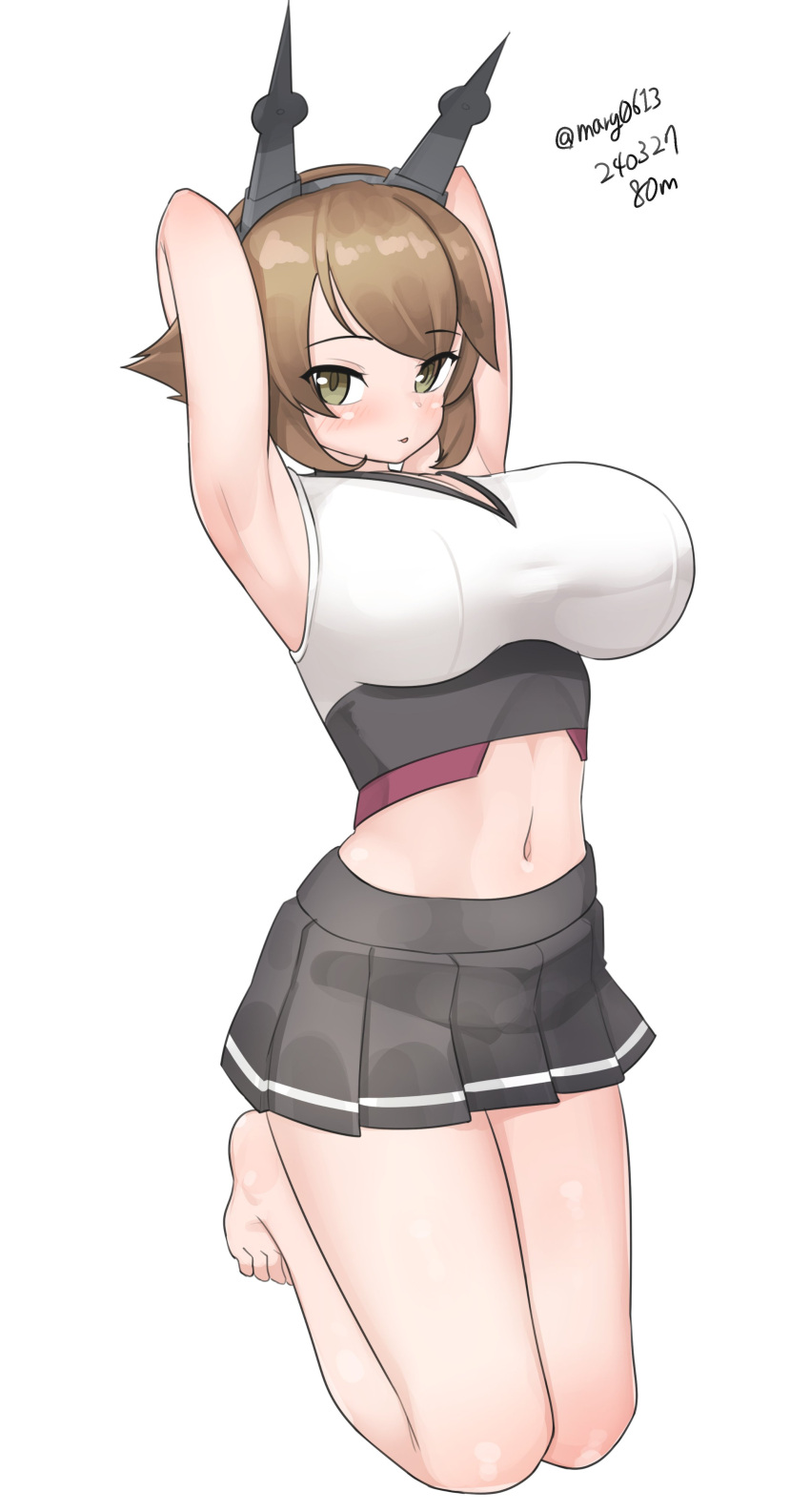 1girl absurdres arms_behind_head barefoot black_skirt breasts brown_hair crop_top dated flipped_hair full_body green_eyes headgear highres kantai_collection kneeling large_breasts maru_(marg0613) midriff mutsu_(kancolle) navel pleated_skirt radio_antenna shirt simple_background skirt sleeveless sleeveless_shirt solo twitter_username white_background