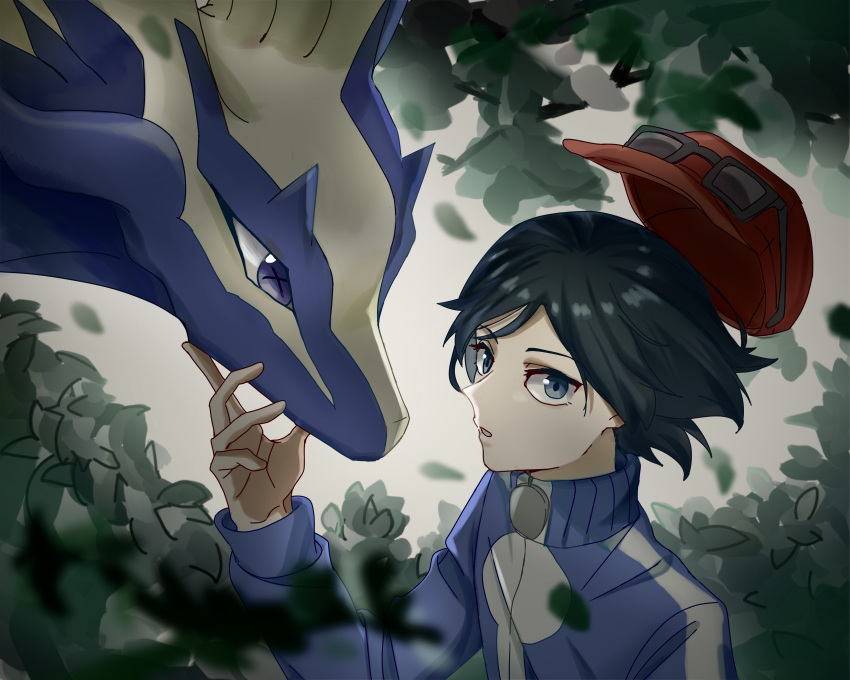 1boy absurdres black-framed_eyewear black_hair blue_eyes blue_jacket blue_skin calem_(pokemon) collared_jacket colored_skin cross-shaped_pupils eyewear_on_headwear falling_leaves grey_eyes hand_on_another's_face hat highres horns jacket leaf looking_at_viewer looking_to_the_side parted_lips pokemon pokemon_(creature) pokemon_xy ppppppppeace red_hat short_hair sunglasses symbol-shaped_pupils turtleneck turtleneck_jacket unworn_hat unworn_headwear white_background xerneas yellow_skin zipper_pull_tab