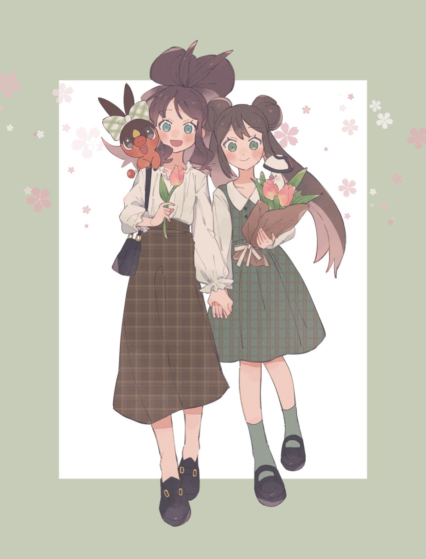 2girls :d bag black_footwear blue_eyes blush border bouquet brown_hair brown_skirt closed_mouth collared_shirt commentary double_bun dress flower green_border green_dress green_socks hair_bun handbag high-waist_skirt highres hilda_(pokemon) hime_(himetya105) holding holding_bouquet holding_flower holding_hands long_sleeves looking_at_viewer multiple_girls open_mouth outside_border pink_flower pink_tulip pokemon pokemon_(creature) rosa_(pokemon) shirt shirt_tucked_in shoes side-by-side simple_background skirt sleeveless sleeveless_dress smile socks symbol-only_commentary tulip twintails white_background white_shirt yuri
