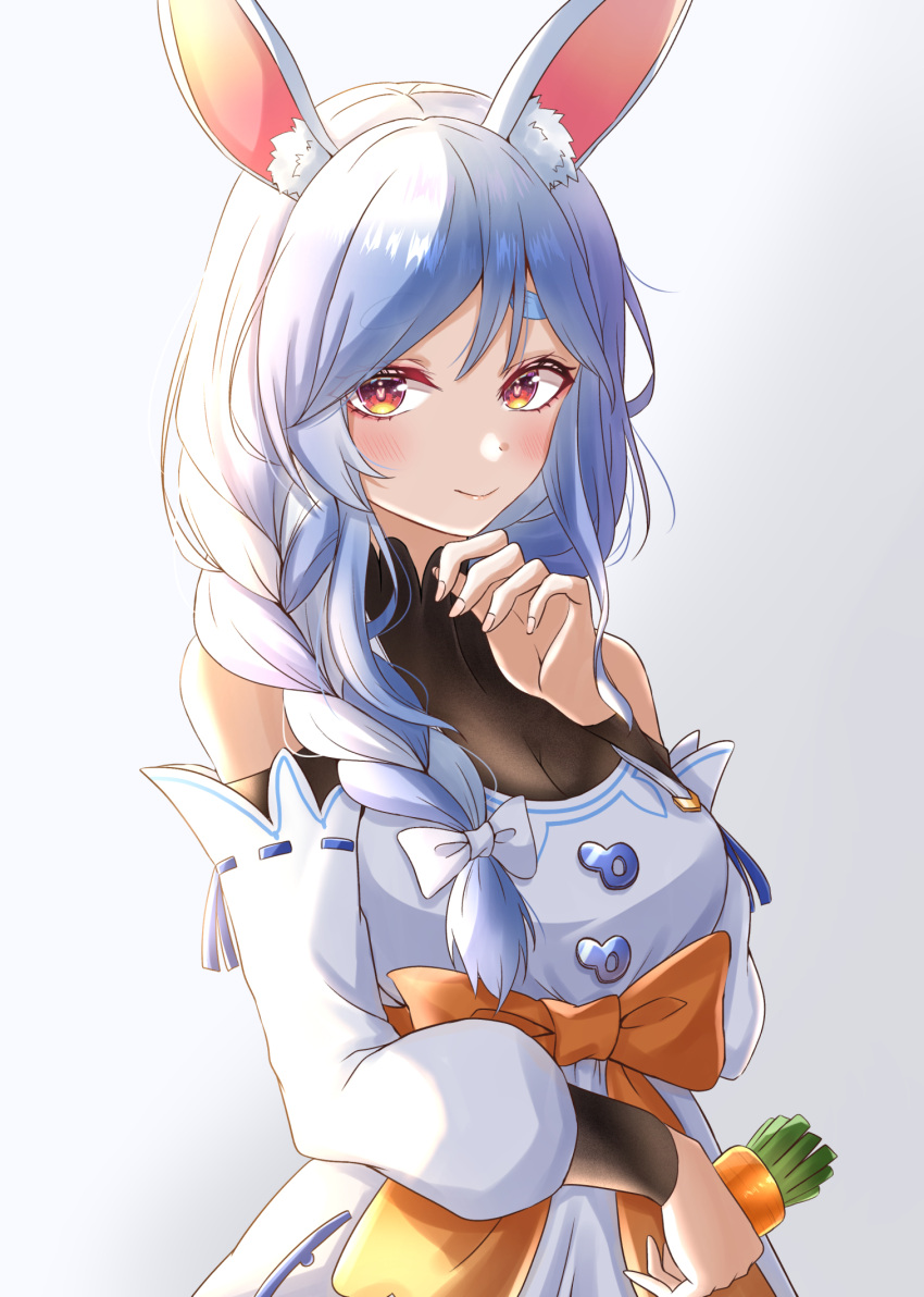 1girl animal_ear_fluff animal_ears black_bodysuit blue_hair bodysuit bow braid braided_ponytail carrot_in_pocket detached_sleeves dress hair_bow highres hololive long_hair looking_at_viewer mature_female pekomama rabbit-shaped_pupils rabbit_ears rabbit_girl red_eyes short_eyebrows solo striped_clothes suzuka_(suzukawu) symbol-shaped_pupils virtual_youtuber white_background white_bow white_dress white_hair white_sleeves