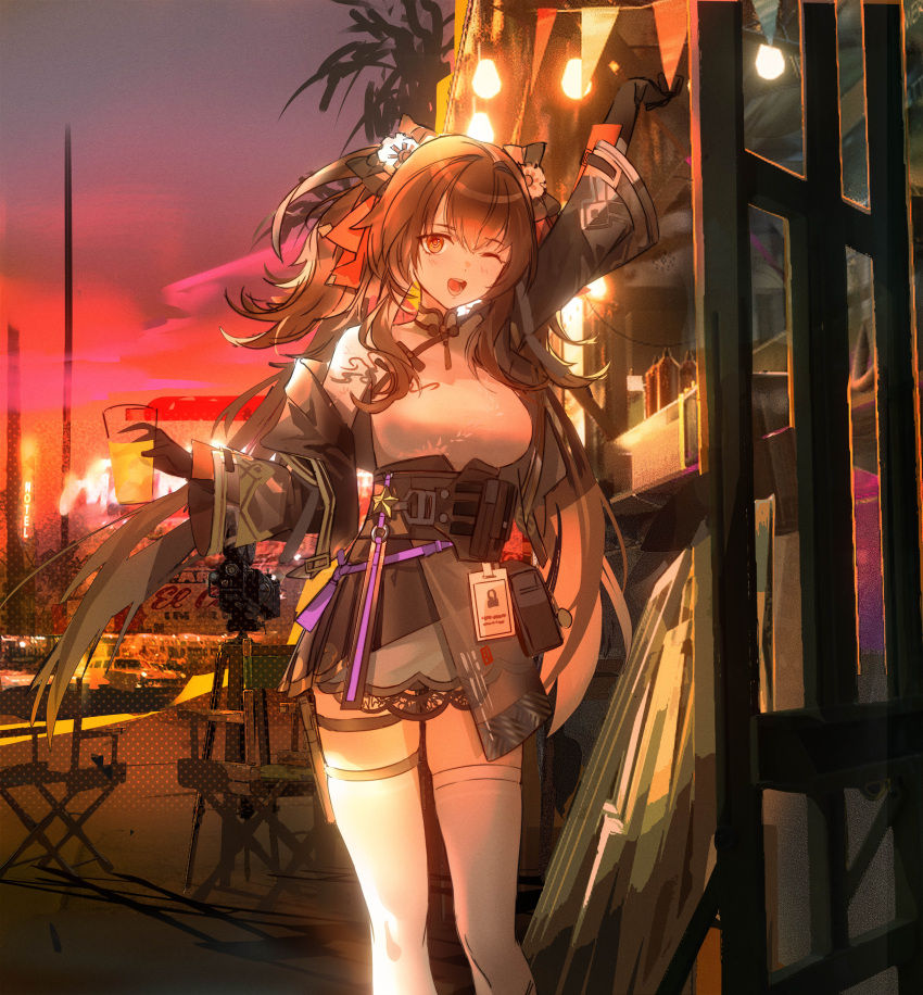 1girl absurdres arm_up black_bow blush bow brown_hair chinese_clothes cup girls'_frontline_2:_exilium girls_frontline hair_bow hair_ribbon hand_up highres holding holding_cup id_card jing_mei_(hisk) long_hair looking_at_viewer one_eye_closed open_mouth orange_eyes red_ribbon ribbon solo teeth thigh-highs twintails type_97_(girls'_frontline) white_thighhighs