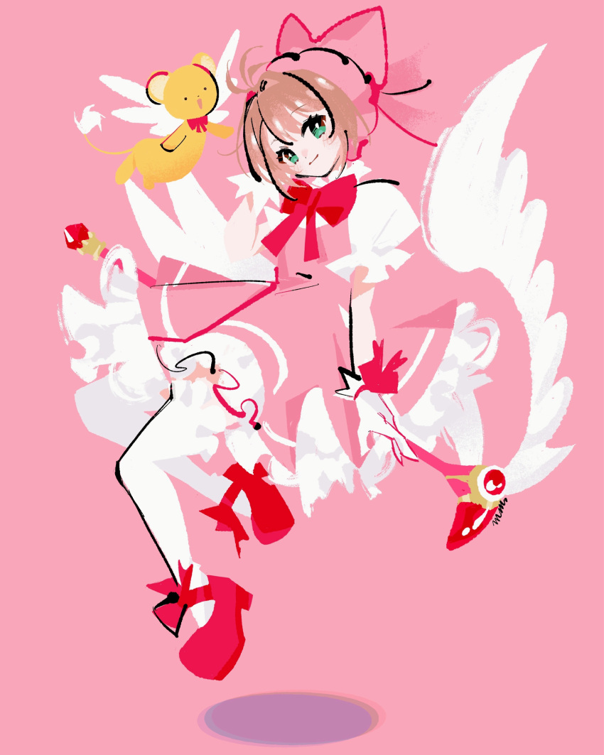 1girl antenna_hair bow bowtie brown_hair cardcaptor_sakura dress feathered_wings full_body fuuin_no_tsue gloves green_eyes highres holding holding_wand kero_(cardcaptor_sakura) kinomoto_sakura looking_at_viewer magical_girl marina_(mrn9) pink_background pink_dress pink_hat puffy_short_sleeves puffy_sleeves red_bow red_bowtie red_footwear shadow short_hair short_sleeves thigh-highs wand white_gloves white_thighhighs white_wings wings