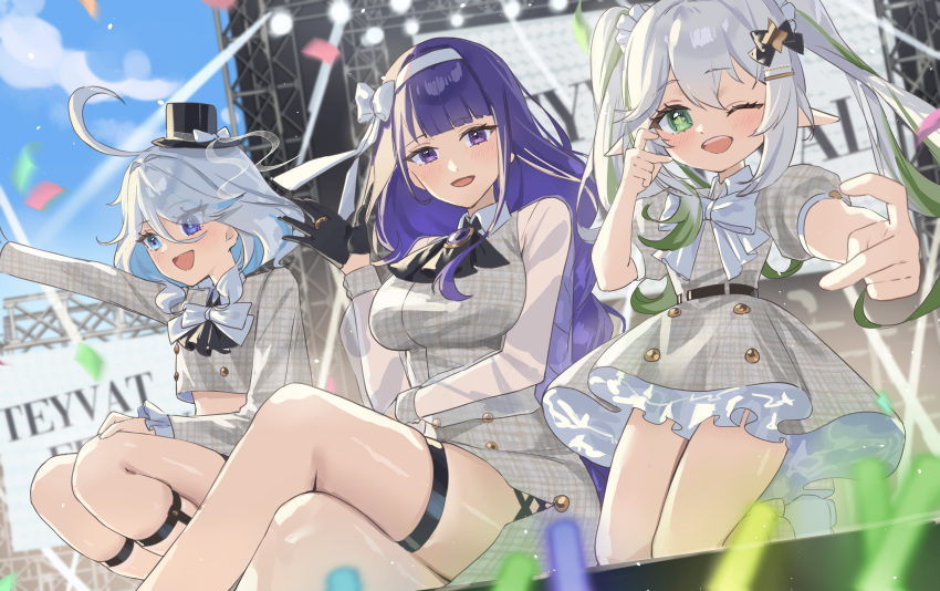3girls absurdres ahoge alternate_costume alternate_hairstyle black_gloves black_hat blue_eyes blue_hair bow bowtie collar cross-shaped_pupils crossed_legs dress drop-shaped_pupils floating_hair furina_(genshin_impact) genshin_impact gloves gradient_hair green_eyes green_hair grey_hair hair_between_eyes hat highres knee_strap kneeling long_hair long_sleeves looking_at_viewer looking_to_the_side mini_hat mini_top_hat mismatched_pupils moti11kkk29 multicolored_hair multiple_girls nahida_(genshin_impact) one_eye_closed open_mouth outdoors pointy_ears purple_hair raiden_shogun short_hair short_sleeves sitting smile symbol-shaped_pupils teeth thigh_strap top_hat twintails upper_teeth_only violet_eyes waving white_bow white_bowtie white_collar