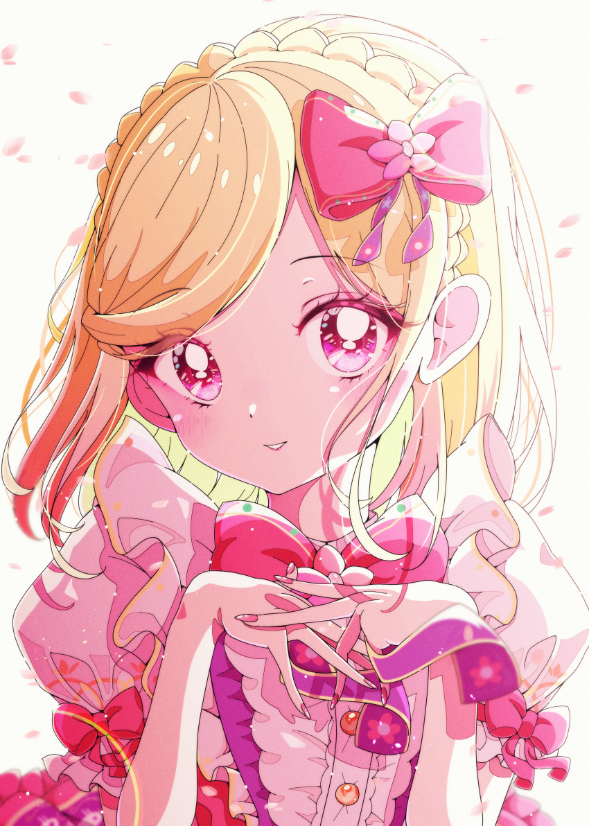 1girl absurdres backlighting blonde_hair bow braid commentary_request crown_braid flower hair_bow hands_up highres idol_clothes ligne_claire looking_at_viewer midorikaze_fuwari milon_cas open_mouth own_hands_together petals pink_flower pretty_series pripara puffy_short_sleeves puffy_sleeves red_bow retro_artstyle short_sleeves solo upper_body white_background