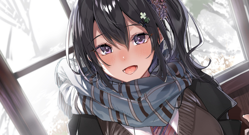 1girl :d absurdres black_hair blue_scarf blush breasts brown_sweater clover_hair_ornament commentary_request cropped four-leaf_clover_hair_ornament hair_between_eyes hair_ornament highres kakao_(chocolate_land) looking_at_viewer lower_teeth_only melonbooks open_mouth original scarf sidelocks smile snow solo sweater teeth violet_eyes window winter