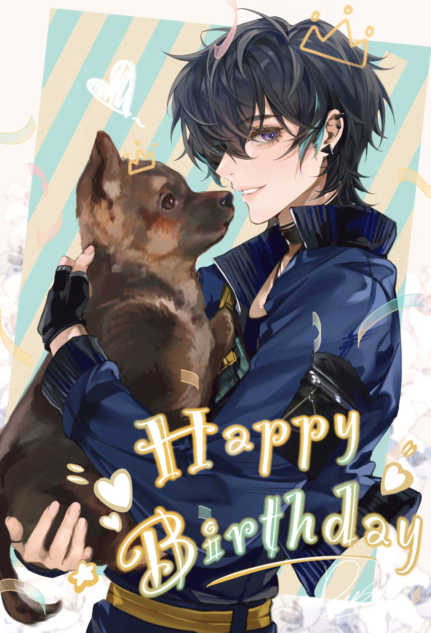 1girl absurdres animal_hug black_gloves black_hair black_shirt blue_jacket brown_dog chinese_commentary cinnabar_(path_to_nowhere) commentary confetti cropped_jacket dog doo58455 doodle_inset floral_background gloves happy_birthday heart highres jacket looking_at_viewer looking_to_the_side multicolored_hair open_clothes open_jacket parted_lips path_to_nowhere profile shirt short_hair sideways_glance single_glove smile solo streaked_hair striped_background upper_body violet_eyes