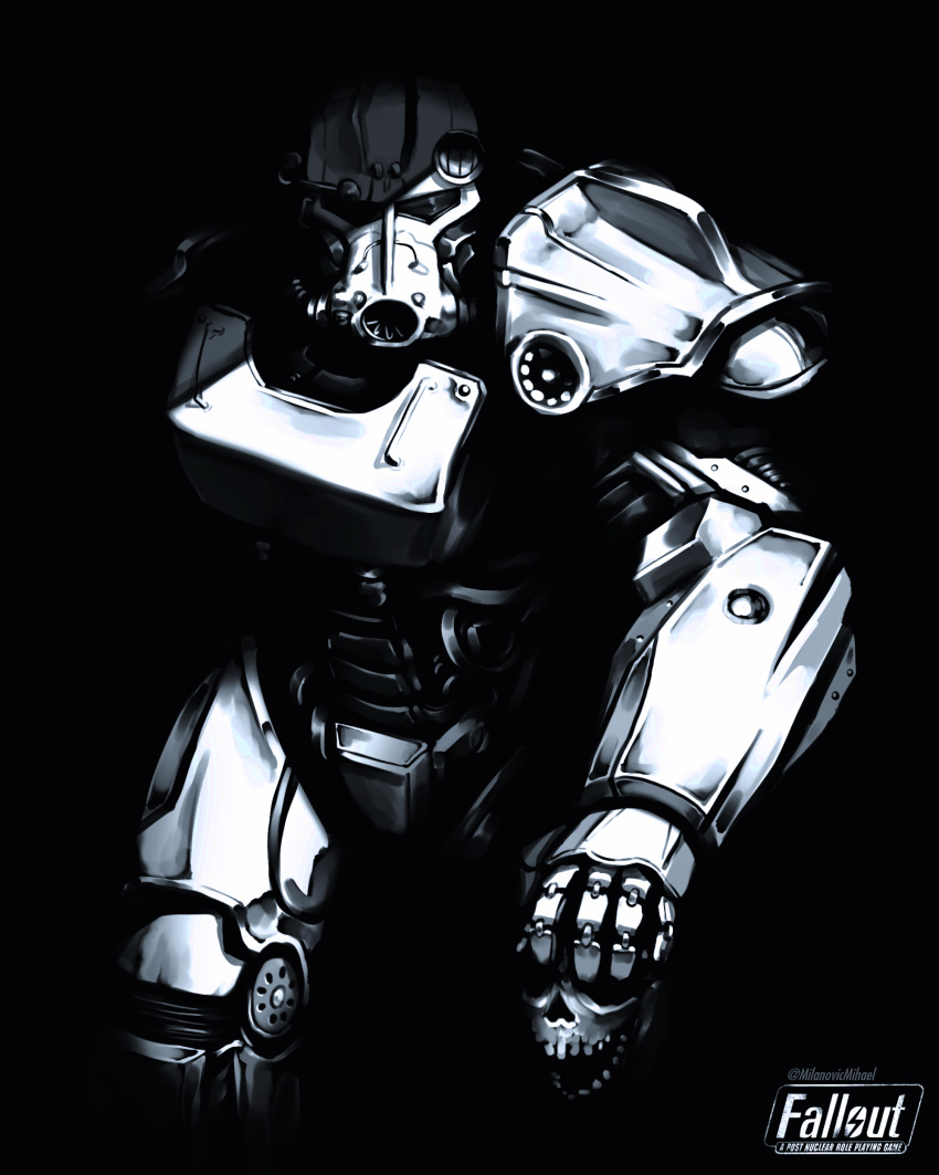 1other absurdres armor copyright_name english_commentary fallout_(series) full_armor greyscale highres holding holding_skull looking_at_viewer mihaelmilanovic monochrome power_armor shadow skull twitter_username