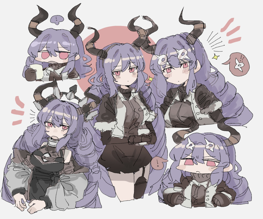 1girl :&lt; arknights black_hairband black_horns black_shirt black_skirt breasts cleavage_cutout clothing_cutout fake_horns fur-trimmed_vest fur_trim hairband highres horns jacket large_breasts long_sleeves looking_at_viewer miniskirt multiple_views notice_lines o_o odmised off_shoulder open_clothes open_jacket open_mouth open_vest pink_eyes shirt skirt solo typhon_(arknights) vest white_jacket white_vest