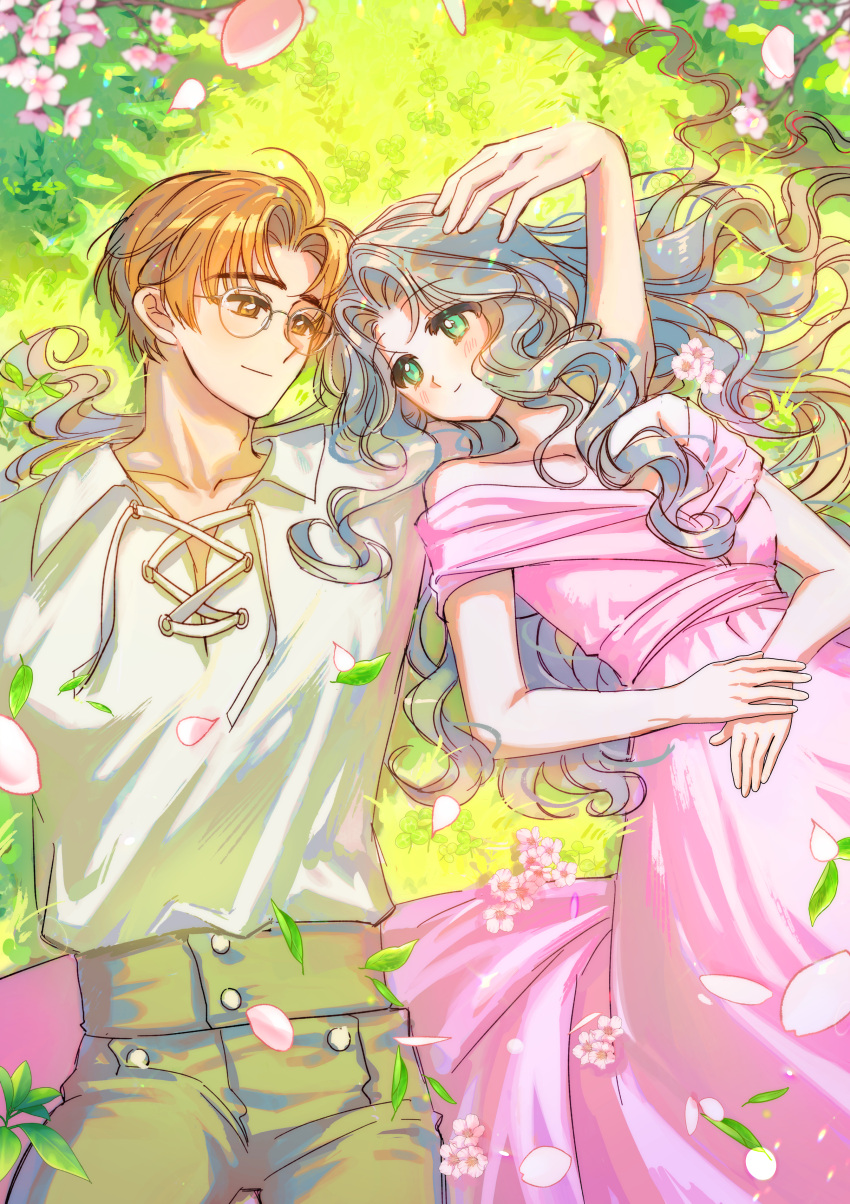 1boy 1girl absurdres bare_shoulders black_hair brown_eyes brown_hair cardcaptor_sakura cherry_blossoms closed_mouth collarbone couple curly_hair dress eye_contact from_above glasses grass green_eyes green_pants hands_on_own_stomach hetero highres husband_and_wife kinomoto_fujitaka kinomoto_nadeshiko long_hair looking_at_another lying on_back outdoors pants parted_bangs pink_dress shirt smile somibaeg strapless strapless_dress white_shirt