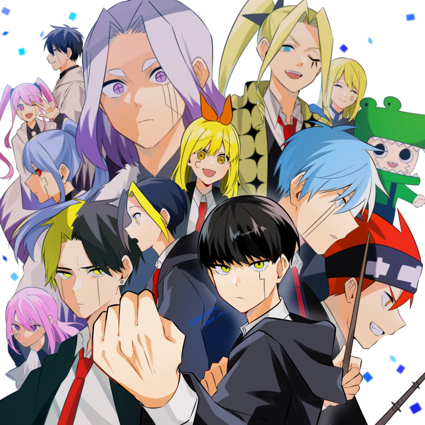 3girls 6+boys abel_walker abyss_razor ascot black_hair black_robe blonde_hair blue_hair clenched_hand collared_shirt daut_barret domina_blowelive facial_mark finn_ames genjitsu_o_miro grin headband highres lance_crown lemon_irvine love_cute mash_burnedead mashle multicolored_hair multiple_boys multiple_girls necktie one_eye_closed open_mouth pink_hair rayne_ames red_necktie redhead robe shirt smile split-color_hair twintails v-shaped_eyebrows violet_eyes wand white_ascot wirth_madl yellow_eyes