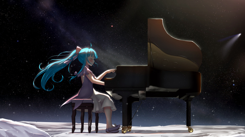 absurdres blue_hair closed_eyes dress galaxy grand_piano highres indie_virtual_youtuber instrument merak_(vtuber) music piano piano_bench playing_instrument playing_piano ponytail purple_dress purple_footwear shooting_star sitting sky space star_(sky) starry_sky two-tone_dress virtual_youtuber white_clover_(unfy8472) white_dress