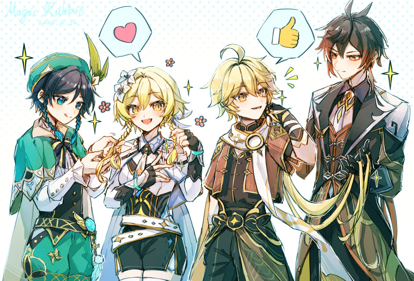 1girl 3boys absurdres aether_(genshin_impact) ahoge arm_up belt black_hair blonde_hair blue_hair bow bowtie braid braided_bangs braiding_hair brown_hair capelet chinese_clothes closed_mouth flower genshin_impact green_capelet green_eyes green_hat hair_between_eyes hair_flower hair_ornament hairdressing hand_up hat heart highres holding holding_another's_hair holding_own_hair light_blush long_hair looking_at_another lumine_(genshin_impact) magicrabbit49586 multicolored_hair multiple_belts multiple_boys open_mouth short_hair shorts simple_background smile speech_bubble spoken_emoji spoken_flower spoken_heart spoken_star spoken_thumbs_up standing star_(symbol) suit tongue tongue_out venti_(genshin_impact) white_background white_capelet yellow_eyes zhongli_(genshin_impact)