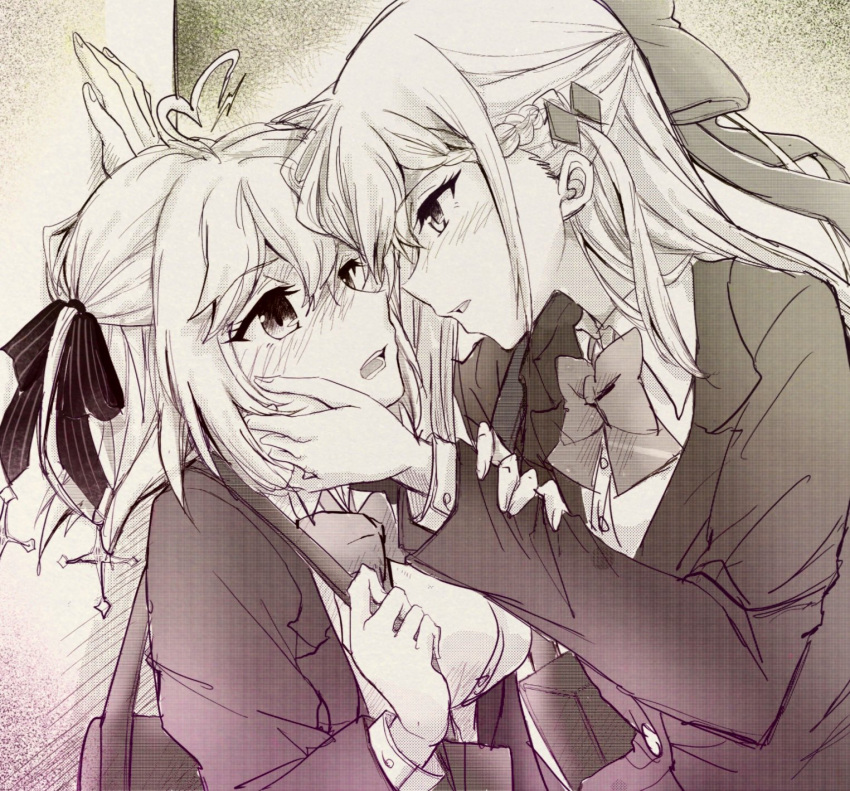 2girls ahoge anisphia_wynn_palettia bag blush bow bowtie collared_shirt commentary contemporary english_commentary euphyllia_magenta eye_contact greyscale hair_ribbon hand_on_another's_face hand_on_another's_wrist highres kabedon long_hair long_sleeves looking_at_another medium_hair monochrome multiple_girls open_mouth parted_lips qqwan120 ribbon school_bag school_uniform shirt tensei_oujo_to_tensai_reijou_no_mahou_kakumei upper_body yuri