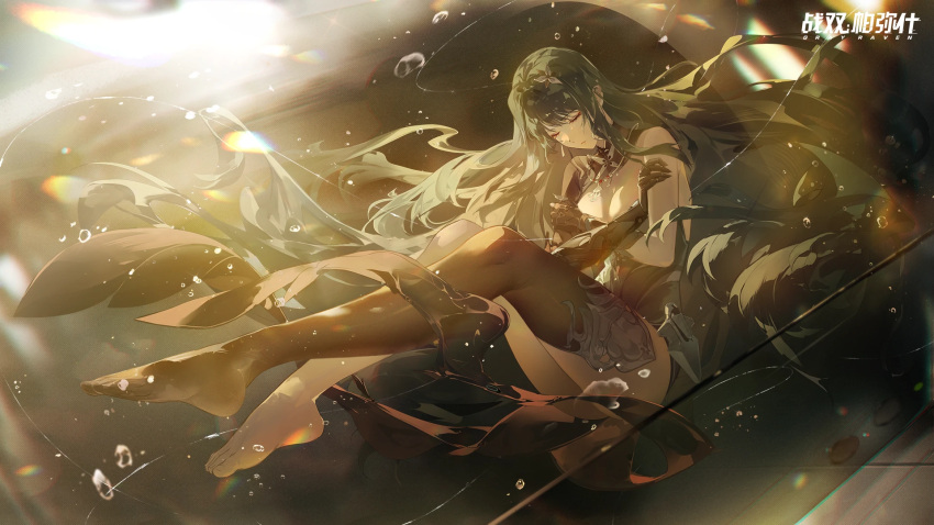 air_bubble artist_request bubble china_dress chinese_clothes closed_eyes dress floating floating_hair green_hair hair_ornament hanying_(punishing:_gray_raven) highres long_hair mechanical_arms mechanical_parts official_art punishing:_gray_raven sleeveless sunlight underwater