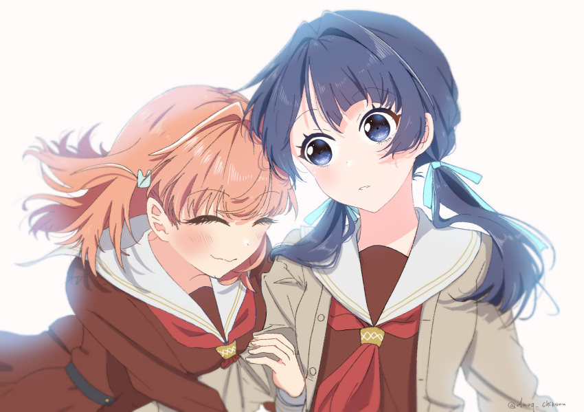 2girls ^_^ arm_hug blue_eyes blue_hair blue_ribbon breasts brown_cardigan brown_dress cardigan chikoru closed_eyes closed_mouth crossed_bangs dark_blue_hair dress hair_intakes hair_ornament hair_ribbon hashtag-only_commentary hasu_no_sora_school_uniform highres hinoshita_kaho link!_like!_love_live! long_hair long_sleeves looking_at_another love_live! low_twintails medium_breasts medium_hair multiple_girls murano_sayaka neckerchief open_cardigan open_clothes orange_hair parted_lips rabbit_hair_ornament red_neckerchief ribbon sailor_collar sailor_dress school_uniform simple_background smile twintails two_side_up upper_body virtual_youtuber wavy_mouth white_background white_sailor_collar winter_uniform