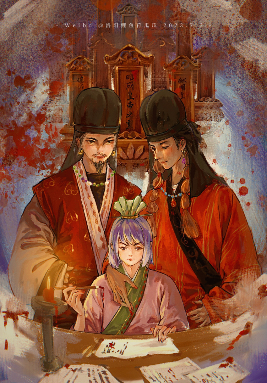 3boys arm_around_shoulder beads blood calligraphy_brush candle candlestand chinese_clothes chinese_empire cui_hao dated facial_hair futou guan_hat hanfu highres holding holding_calligraphy_brush holding_paintbrush looking_at_another luoyang_liyufu_guagua multiple_boys mustache northern_wei original paintbrush spirit_tablet table tuoba_si tuoba_tao weibo_username writing