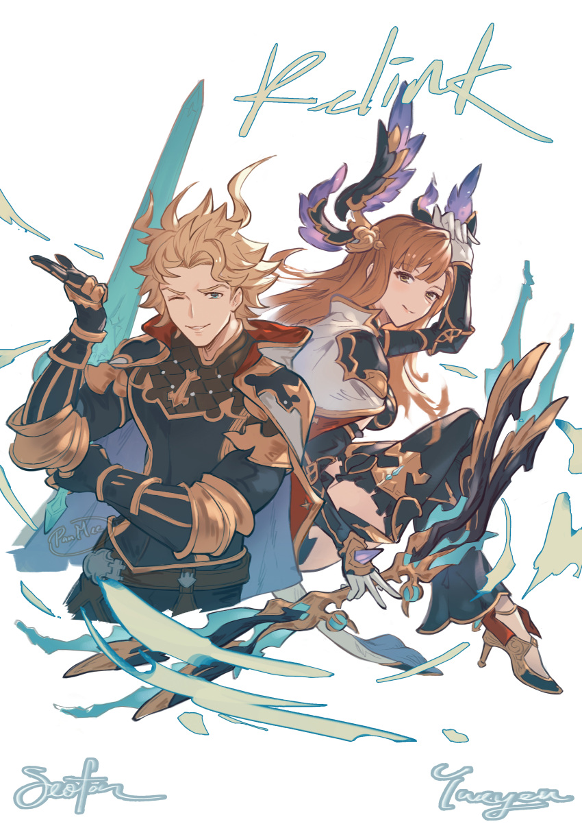 1boy 1girl absurdres belt black_pants black_shirt black_thighhighs blonde_hair bow_(weapon) breasts brown_eyes capelet character_name closed_mouth copyright_name elbow_rest gauntlets gloves granblue_fantasy granblue_fantasy:_relink green_eyes high_heels highres holding holding_bow_(weapon) holding_weapon long_hair looking_at_viewer one_eye_closed orange_hair panmee pants parted_lips salute seofon_(granblue_fantasy) shirt short_hair signature small_breasts smile spiky_hair sword thigh-highs tweyen_(granblue_fantasy) weapon white_background white_capelet white_gloves