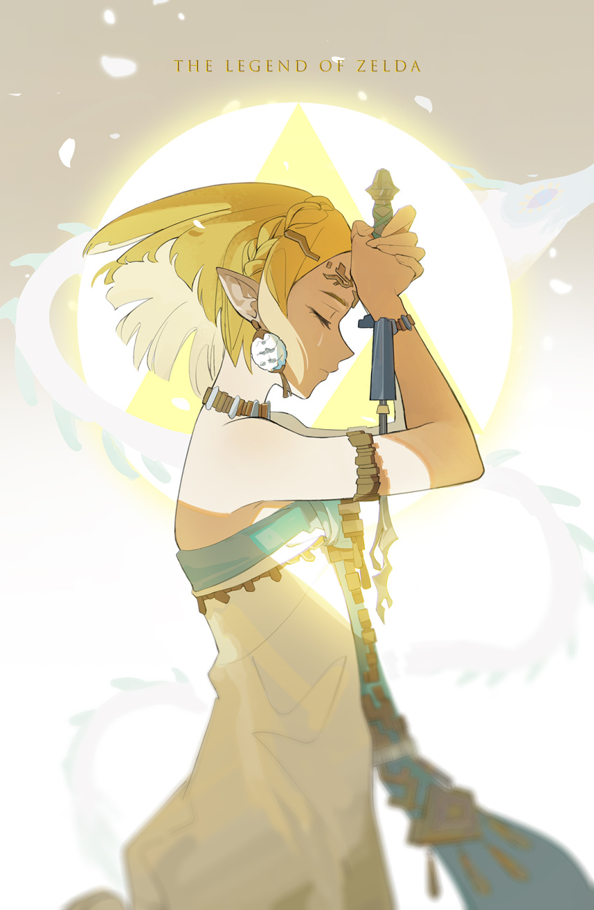 1girl blonde_hair bracelet braid closed_eyes closed_mouth crown_braid dress drop_earrings earrings english_text from_side guangchenren highres holding jewelry necklace pointy_ears princess_zelda solo strapless the_legend_of_zelda the_legend_of_zelda:_tears_of_the_kingdom triforce white_dress