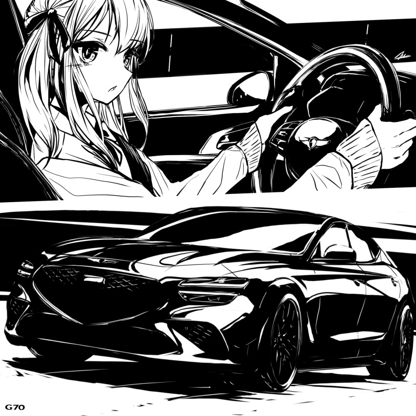 1girl car_interior collared_shirt driving english_commentary from_side genesis_(company) genesis_g70 greyscale hair_between_eyes hair_ribbon highres looking_at_viewer monochrome multiple_views necktie nougat_(73r1r1) open_mouth original ribbon shadow shirt twintails vehicle_interior