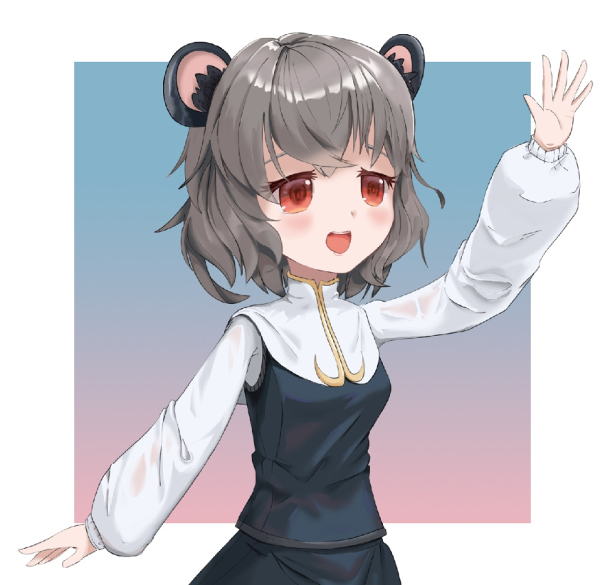 1girl animal_ear_fluff animal_ears arm_up black_skirt black_vest blue_background blush breasts capelet chinese_commentary commentary_request cookie_(touhou) cowboy_shot grey_hair long_sleeves medium_bangs mouse_ears mouse_girl multicolored_background mushroomsucy nazrin nyon_(cookie) open_mouth pink_background red_eyes shirt short_hair skirt skirt_set small_breasts smile solo touhou vest waving white_background white_capelet white_shirt