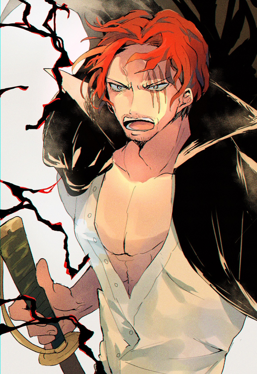 1boy bearkumachan black_coat buttons coat energy highres holding holding_sword holding_weapon male_focus one_piece open_mouth pectoral_cleavage pectorals redhead scar scar_across_eye shanks_(one_piece) shirt solo sparse_stubble sword teeth weapon white_eyes white_shirt
