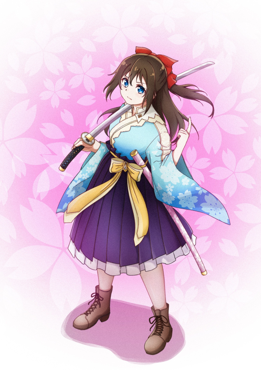 1girl blue_eyes blue_kimono bow brown_footwear brown_hair closed_mouth commentary_request floral_print frown full_body hair_between_eyes hair_bow hakama hakama_skirt half_updo highres holding holding_sword holding_weapon index_finger_raised japanese_clothes katana kimono koukoutou_(seikoutoutei) long_hair long_sleeves looking_at_viewer love_live! love_live!_nijigasaki_high_school_idol_club osaka_shizuku purple_hakama red_bow sheath shoes sidelocks skirt solo standing sword v-shaped_eyebrows weapon wide_sleeves