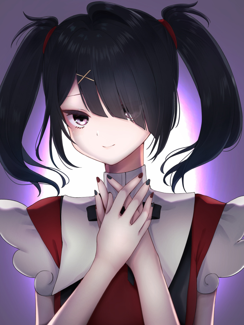 1girl absurdres ame-chan_(needy_girl_overdose) black_hair black_nails closed_mouth dress hair_ornament hair_over_one_eye highres looking_at_viewer needy_girl_overdose own_hands_together purple_background red_vest sakuma_(yr_0920) smile solo twintails upper_body vest violet_eyes white_dress x_hair_ornament