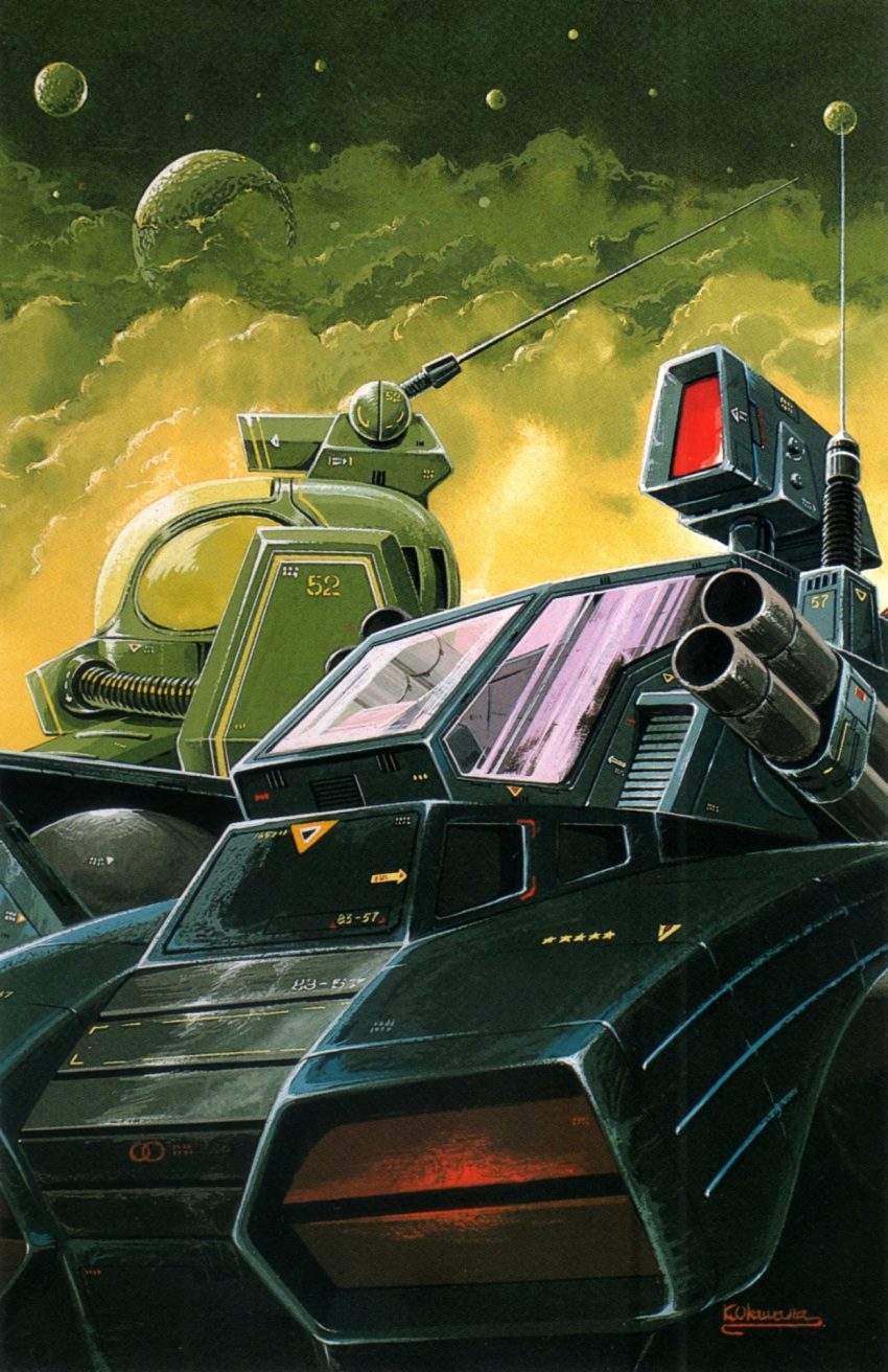 1980s_(style) alien canopy_(aircraft) clouds cockpit damaged dirty dougram english_commentary grenade_launcher highres magazine_scan mecha no_humans official_art ookawara_kunio painting_(medium) planet promotional_art radio_antenna retro_artstyle robot scan soltic_h8_roundfacer taiyou_no_kiba_dougram the_anime_(magazine) traditional_media weapon window
