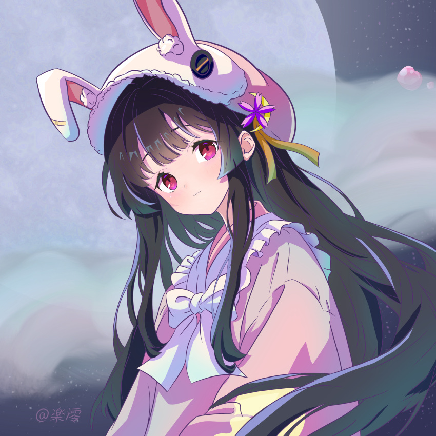 1girl :3 absurdres animal_hat bandaid black_hair bow chinese_commentary closed_mouth clouds commentary_request crescent crescent_hat_ornament dream_soul frilled_shirt_collar frills hat hat_ornament highres houraisan_kaguya kagurachiriri long_hair looking_at_viewer moon night night_sky pink_shirt pixiv_username rabbit_hat red_eyes ribbon shirt sidelocks sky solo star_(sky) touhou upper_body white_bow yellow_ribbon